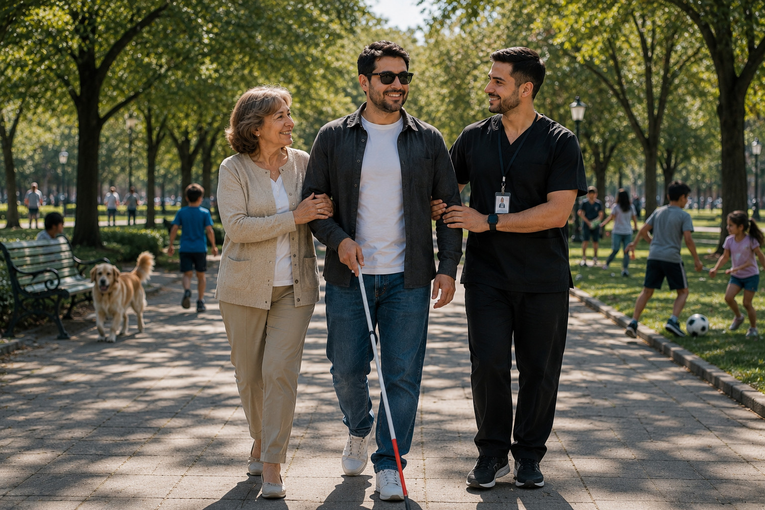 Persona con discapacidad visual acompañada por su madre y un kinesiólogo